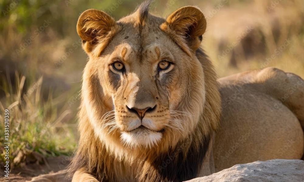 Obraz premium Intense Gaze of a Majestic Lion, A Close-Up Portrait in the Wild