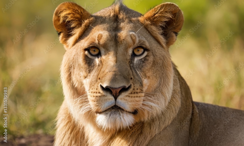 Naklejka premium Close-up Portrait of a Majestic Lioness with Intense Gaze in Natural Habitat