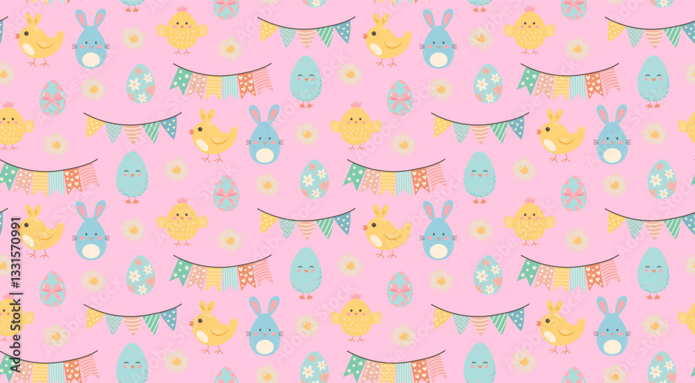 Easter eggs, chicks, daisies and flag garlands seamless pattern Easter eggs, chicks, daisies and flag garlands seamless pattern