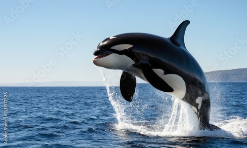 Spectacular orca whale breaching the ocean surface under a clear blue sky showcasing its beauty and power