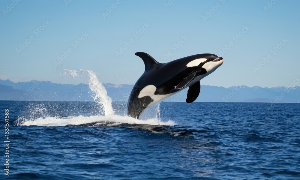 Fototapeta premium Spectacular orca leaping out of the deep blue ocean displaying power