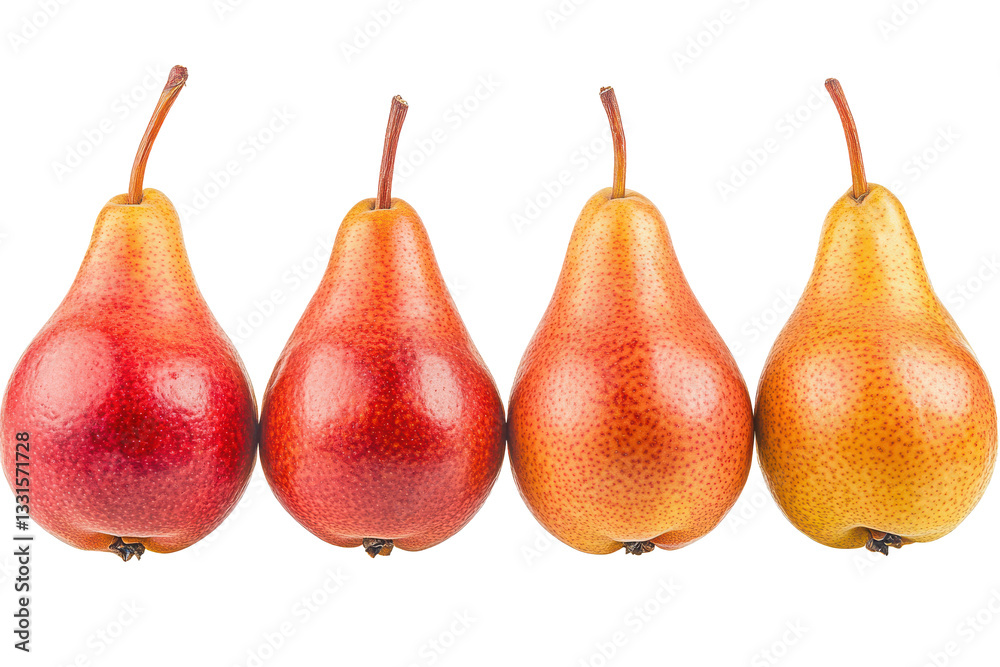 Four Ripe Red And Orange Pears In A Row, Showcasing Their Vibrant Autumnal Hues Against A Stark Isolated on Transparent Background Four Ripe Red And Orange Pears In A Row, Showcasing Their Vibrant Autumnal Hues Against A Stark Isolated on Transparent Background