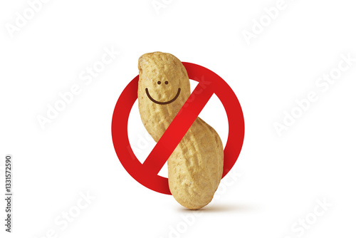 Peanut with prohibition sign on white background - Peanut allergy concept