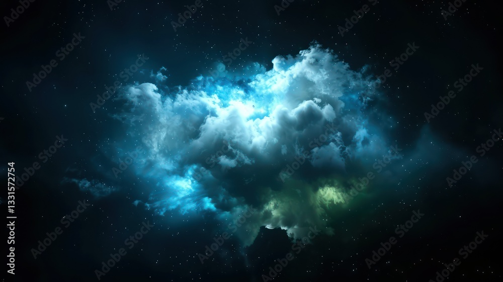 Celestial Clouds: A stunning artistic representation of vibrant, swirling clouds dominates the frame, illuminated by a captivating blend of deep blues and ethereal greens. Celestial Clouds: A stunning artistic representation of vibrant, swirling clouds dominates the frame, illuminated by a captivating blend of deep blues and ethereal greens.