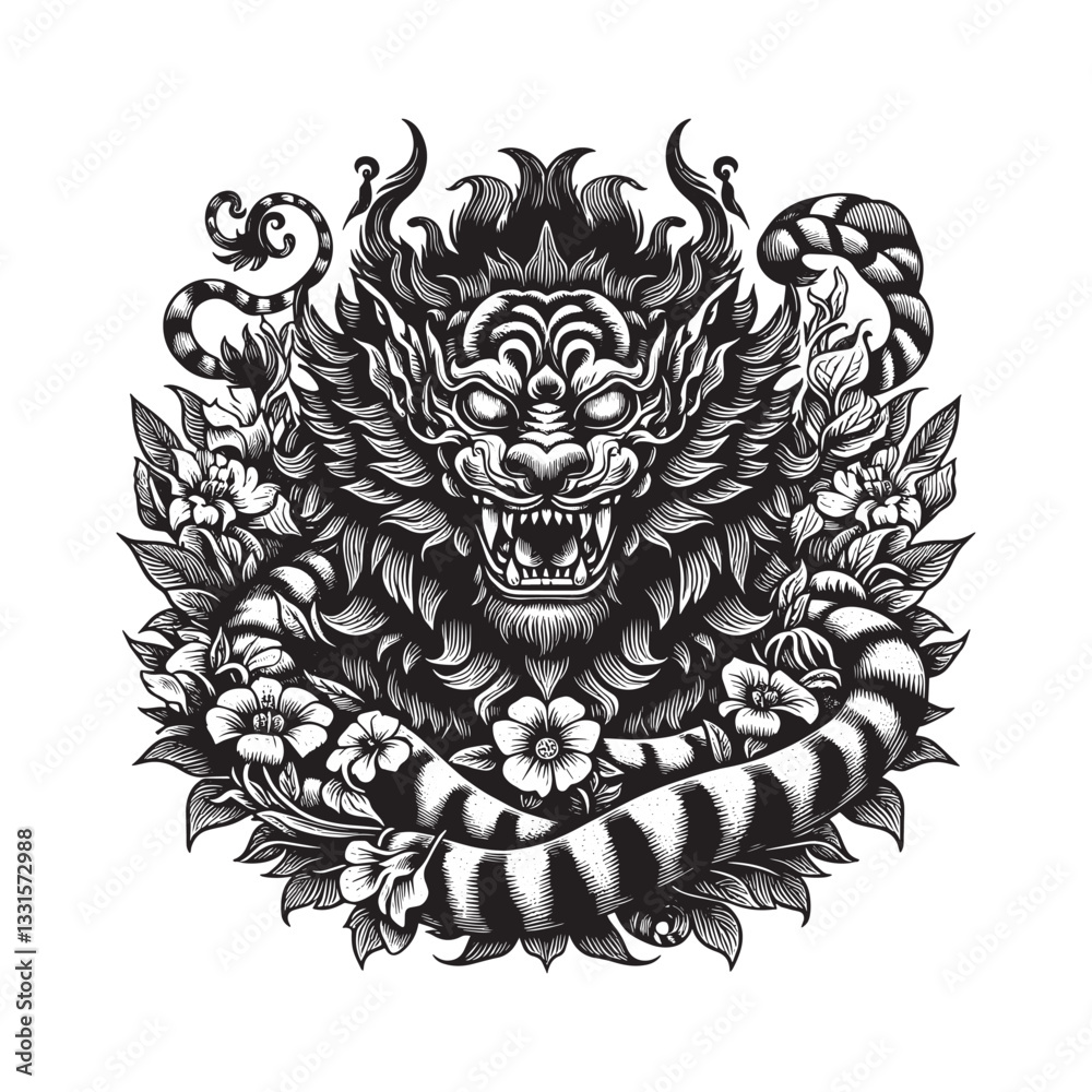 Fototapeta premium Rakshasa, Tiger-headed demons with magical abilities, in traditional woodcut 5907