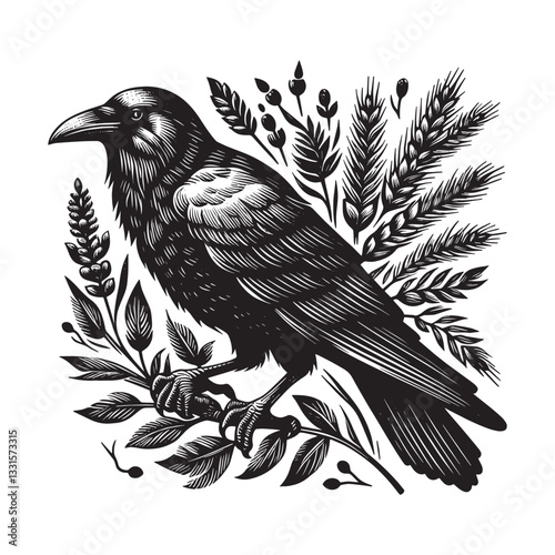 Woodcut styled raven perched among wheat and foliage, vintage monochrome artwork