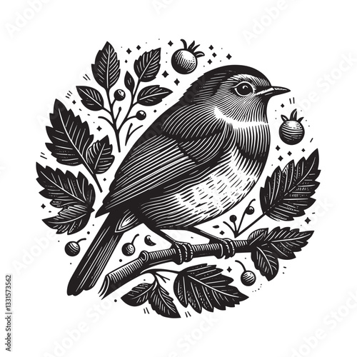 Charming woodcut illustration showcasing a robin amidst leaves and berries