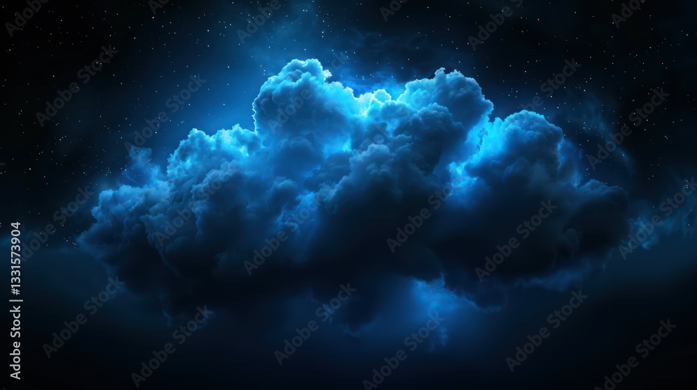 Fototapeta premium Celestial Cloudscape: A luminous blue cloud, dramatically lit against the vast expanse of the night sky, evokes a sense of wonder, mystery, and the sublime beauty of the cosmos. 