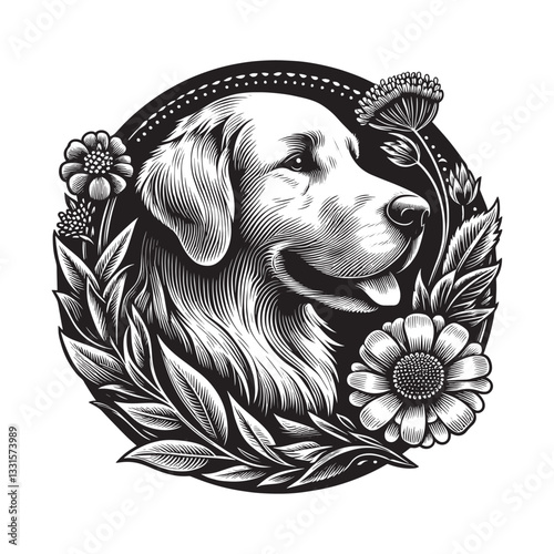 Elegant woodcut portrait of a golden retriever dog with floral decorations, artistic design