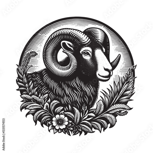 Engraved Ram Illustration with Floral Ornamentation in Black and White Style
