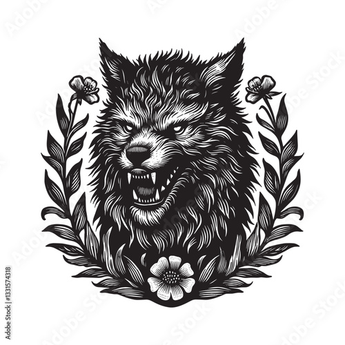Ferocious woodcut wolfman portrait framed by stylized floral wreath design