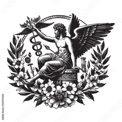Hermes Greek messenger god, depicted with winged sandals and a caduceus, in traditional woodcut 1150