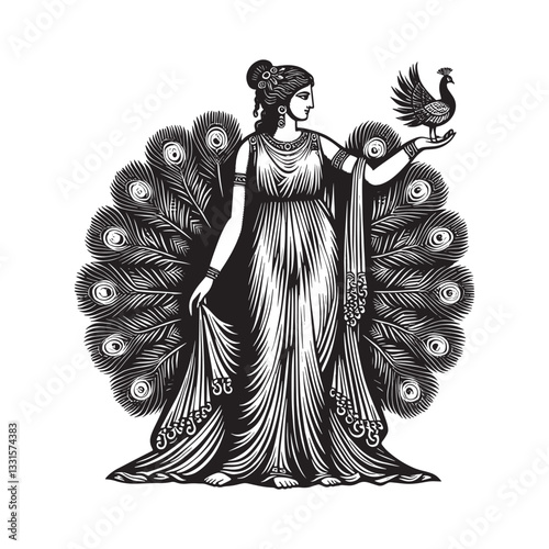 Hera Greek goddess of marriage, known for her regal appearance and peacock symbols, in traditional woodcut drawing, full body view, realistic, minimalist, 0379
