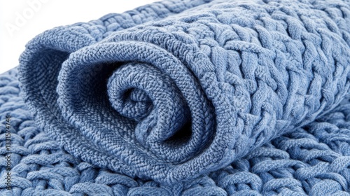 A close-up view of a soft, textured blue blanket draped elegantly over a pristine white surface, showcasing the intricate weave and vibrant color contrast, inviting warmth and comfort.