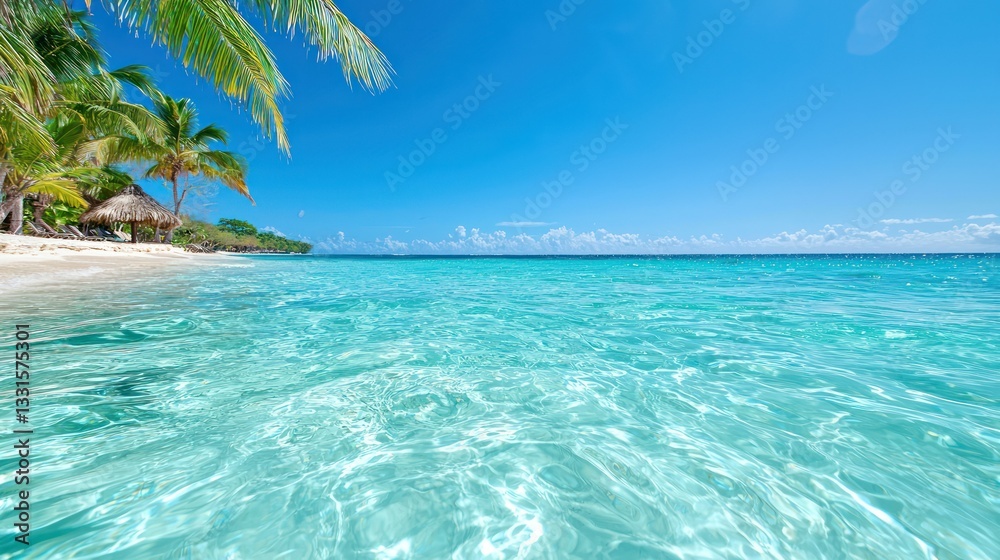 Fototapeta premium Tropical Paradise: Captivating turquoise waters meet a pristine beach, framed by lush palm trees swaying gently under a brilliant blue sky, evoking a sense of serenity and escape. 