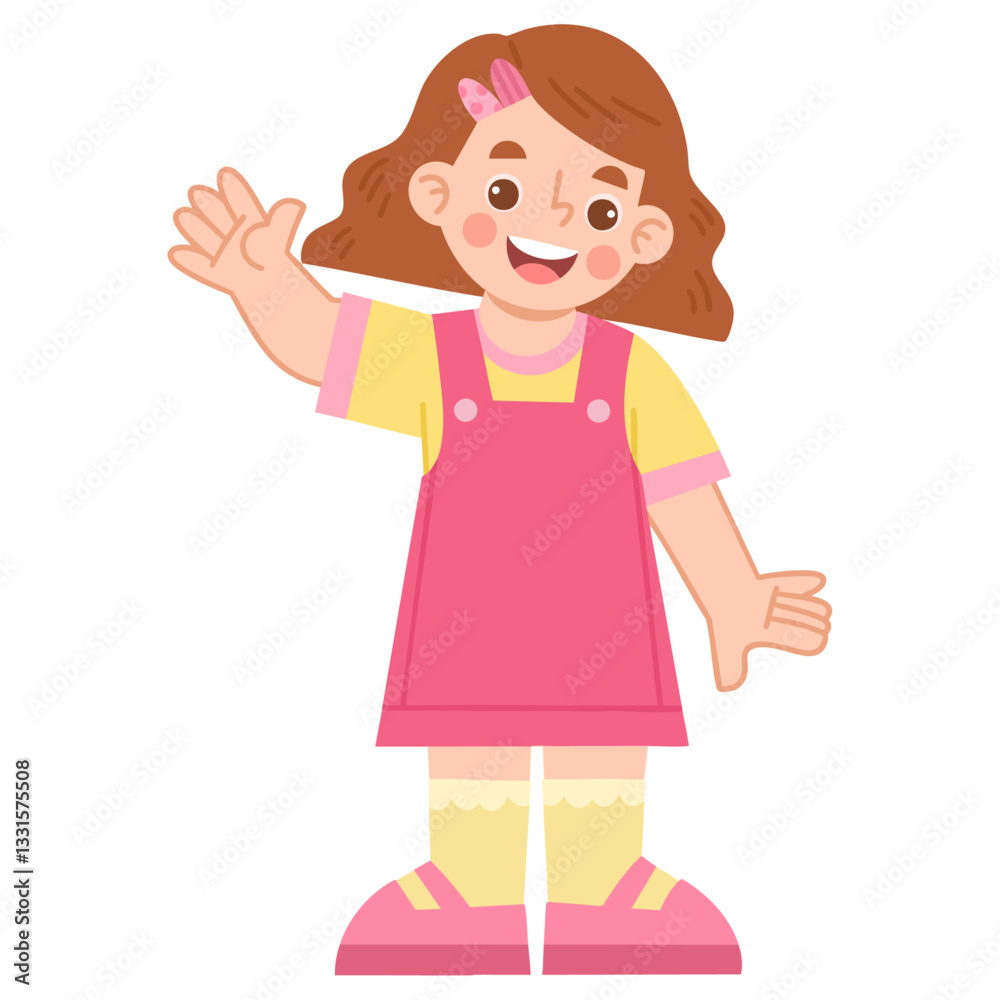 Illustration of Cheerful Girl Waving Illustration of Cheerful Girl Waving