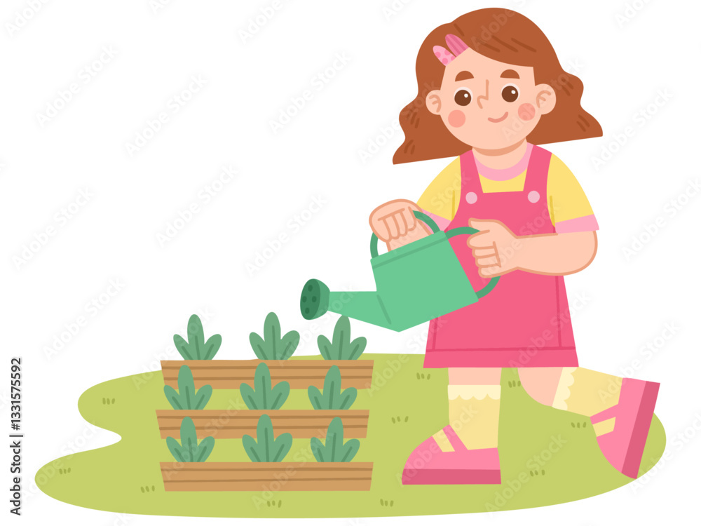 Illustration of Girl Watering Plants in Garden Illustration of Girl Watering Plants in Garden