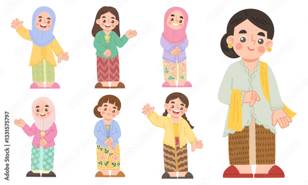 Set of Illustrations of women wearing traditional kebaya clothes