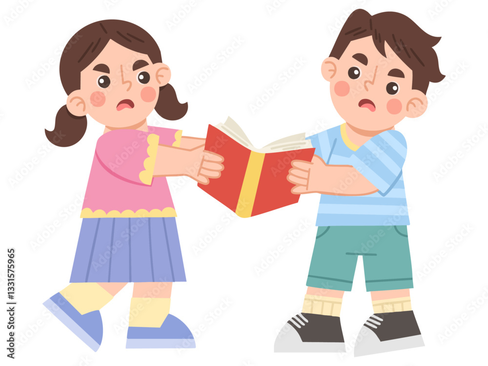 Illustration of boy and girl fighting over a book Illustration of boy and girl fighting over a book