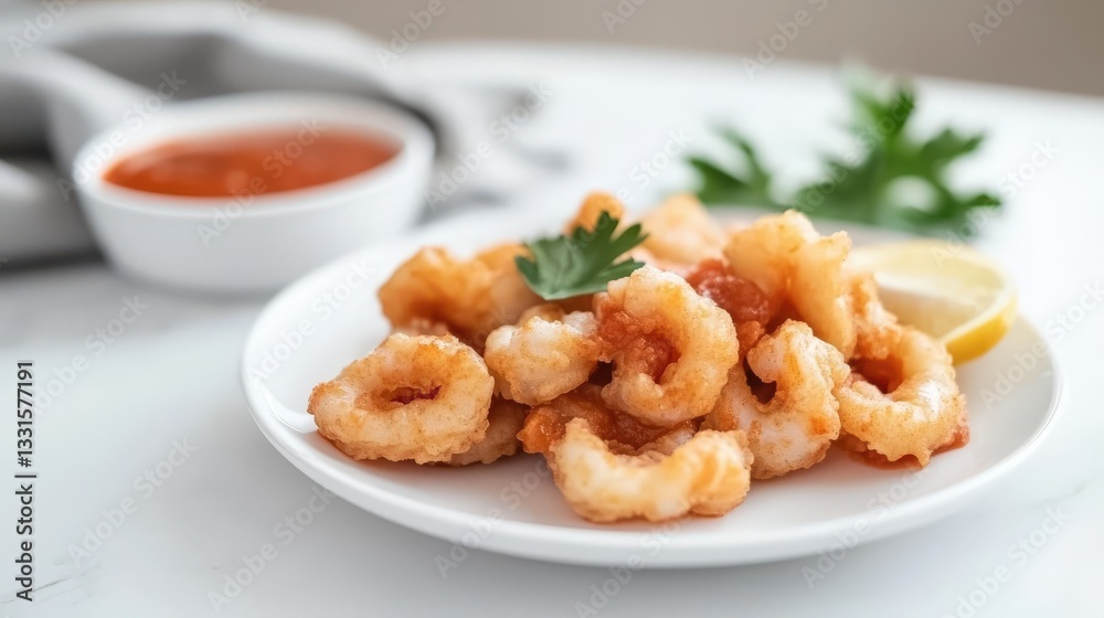 Delicious Crispy Fried Shrimp with Fresh Lemon and Sauce on Plate Delicious Crispy Fried Shrimp with Fresh Lemon and Sauce on Plate