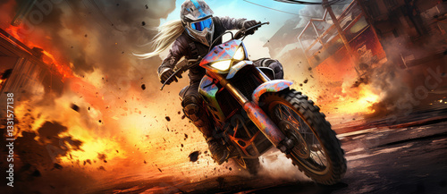 Obraz na płótnie Thrilling Motocross Escape from Explosive Danger w salonie