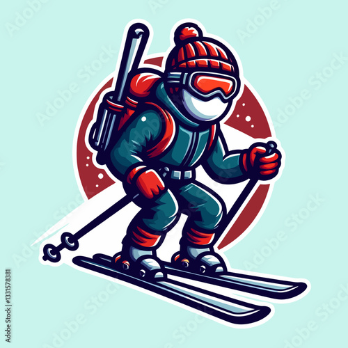 "Logo colorido de deporte de esquí en estilo cartoon vectorial, con una figura juguetona sobre fondo transparente e aislado de clipart, en formato vectorial, ideal para branding invernal."