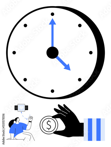 Large clock with arrows highlighting time flow, hand holding coin symbolizing money, person interacting with a reward system. Ideal for productivity, time use, finance, motivation, goal setting