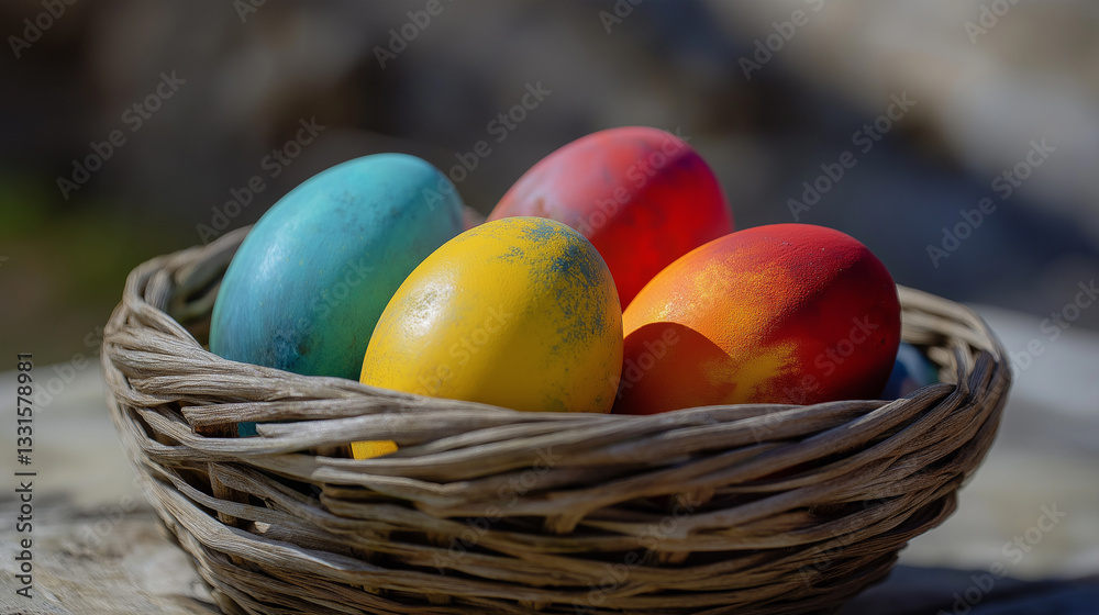 Naklejka premium Colorful Decorated Easter Eggs in a Wicker Basket.