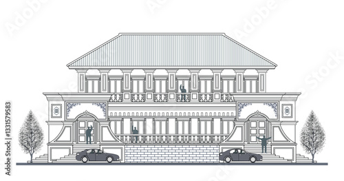 Facade of 2 storey symmetrical classical  building with 2 doors, 14 windows, 9 columns, frames, balustrade, canopy, balcony, curve elements and trapezoidal roof.