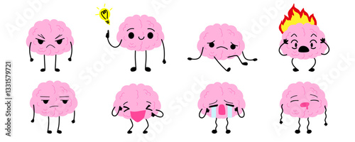 Cute cartoon brain character set. Depression, burnout, happy, sad, apathy, mental problems concept. Antidepressants and serotonin. Stock vector illustration isolated on white background.