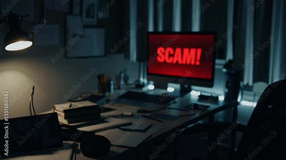 Glowing scam alert message illuminating dark office space, warning of potential cybersecurity breach or online fraud targeting unsuspecting computer user during nighttime hours Glowing scam alert message illuminating dark office space, warning of potential cybersecurity breach or online fraud targeting unsuspecting computer user during nighttime hours