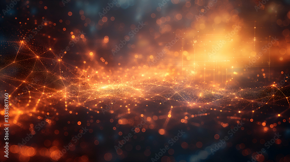 Fototapeta premium Orange Blue Digital Network Glowing Particles, Futuristic Design for Modern Technology