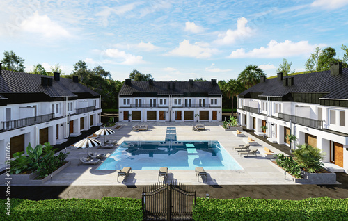 3D render Front view of urban residential condominium houses with swimming pool