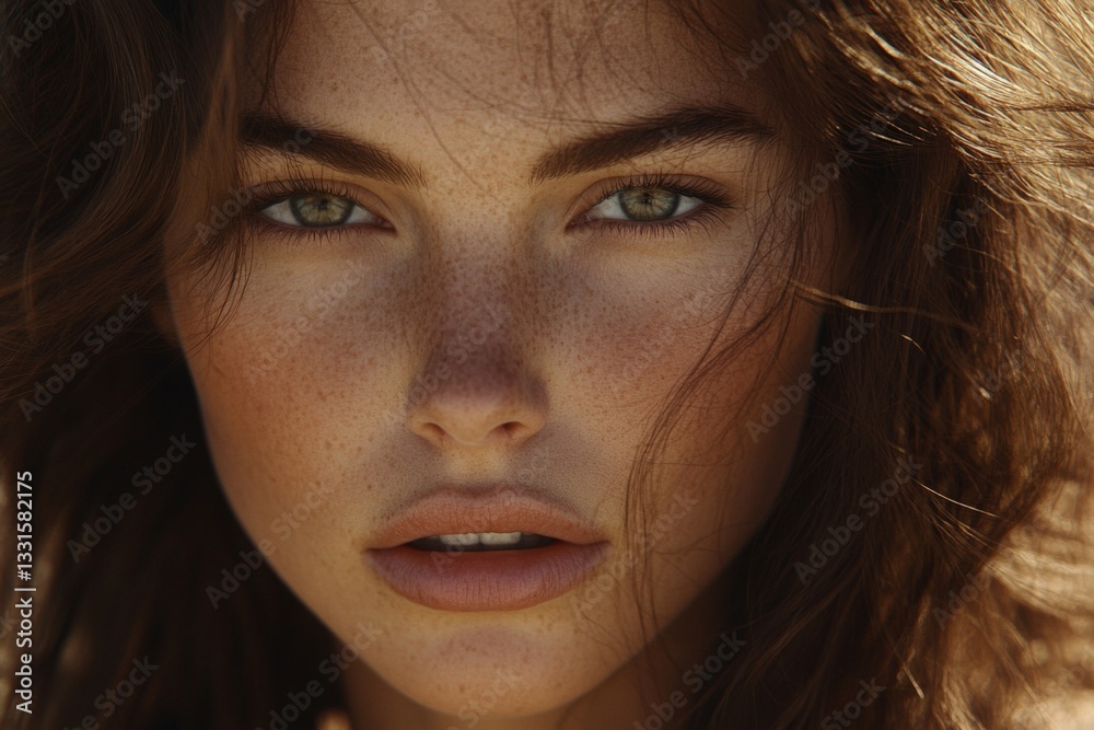 Close-up of a woman with freckled skin and mesmerizing green eyes during golden hour outdoors Close-up of a woman with freckled skin and mesmerizing green eyes during golden hour outdoors