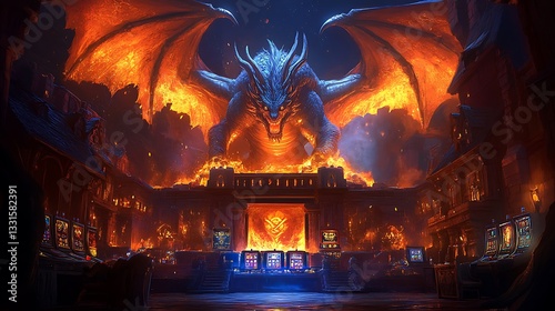 A colossal dragon guarding a slot machine built into a towering mountain of treasure. The reels glow with legendary artifacts—enchanted rings, glowing amulets,