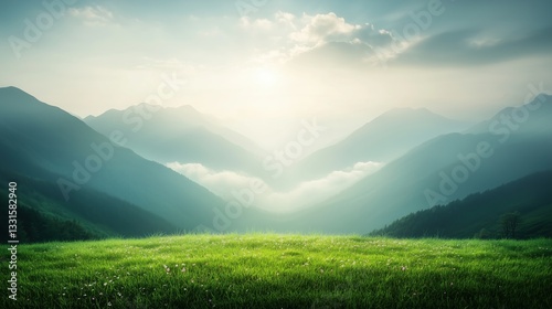 Majestic mountain landscape with fog and soft light during early morning hours in a serene valley