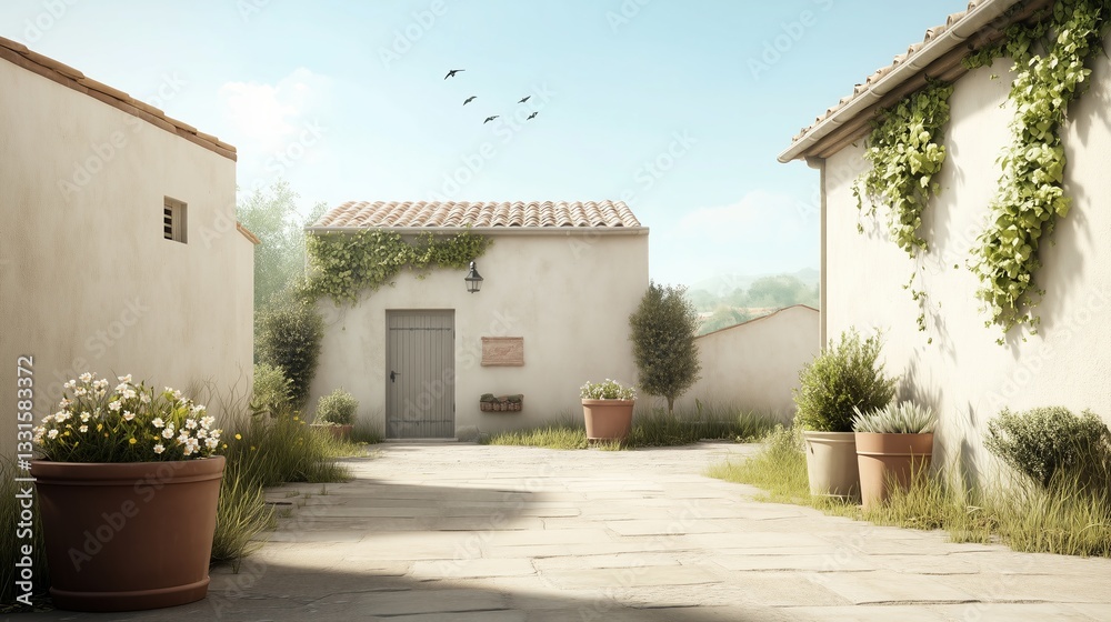 Serene courtyard adorned with blooming flowers and lush greenery in a charming village setting during daylight Serene courtyard adorned with blooming flowers and lush greenery in a charming village setting during daylight