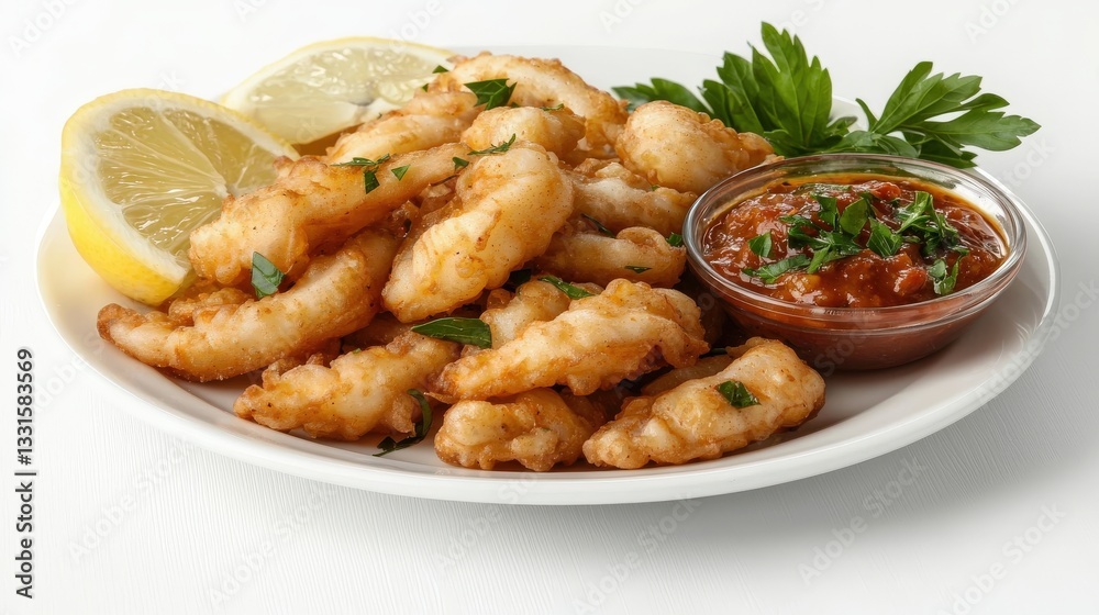Crispy Fried Shrimp with Lemon and Parsley Garnish on White Plate Crispy Fried Shrimp with Lemon and Parsley Garnish on White Plate