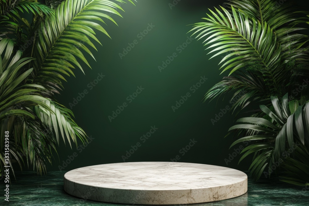 Circular marble platform surrounded by lush green tropical plants in a minimalist setting Circular marble platform surrounded by lush green tropical plants in a minimalist setting