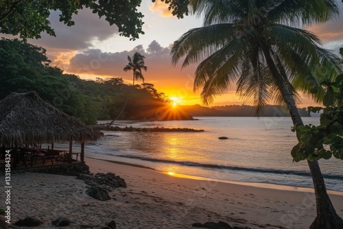 Beautiful sunset over tranquil beach with palm trees and thatched roof hut in tropical setting
