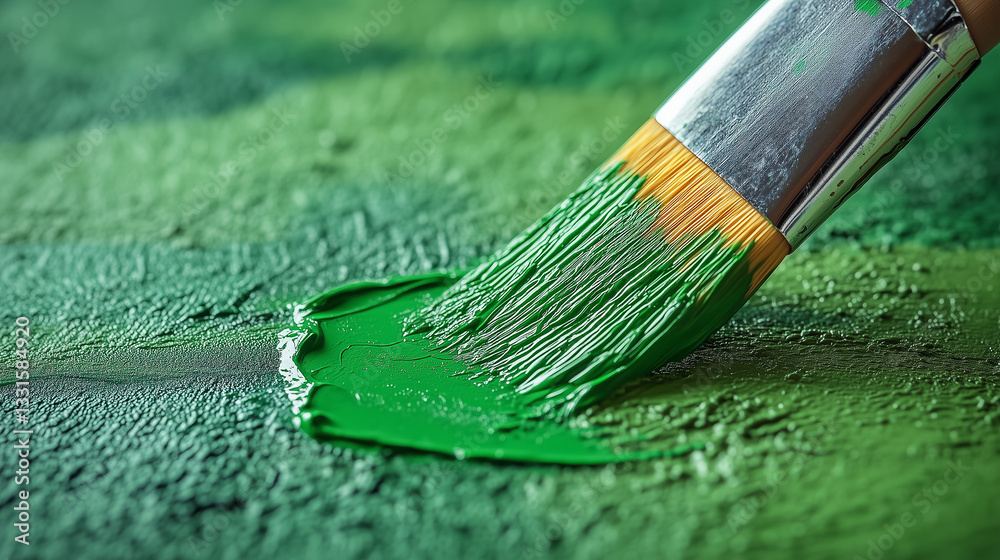 Fototapeta premium A paintbrush spreads vibrant green paint across a textured surface, capturing creativity in motion.