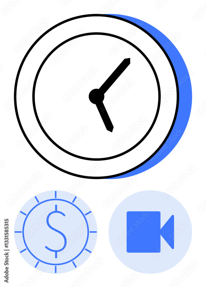 Clock with bold hands, coin icon, and video play symbol represent time value, efficiency, productivity, financial planning, online meetings, digital prioritization teamwork. Ideal for flat simple Clock with bold hands, coin icon, and video play symbol represent time value, efficiency, productivity, financial planning, online meetings, digital prioritization teamwork. Ideal for flat simple