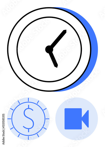 Clock with bold hands, coin icon, and video play symbol represent time value, efficiency, productivity, financial planning, online meetings, digital prioritization teamwork. Ideal for flat simple