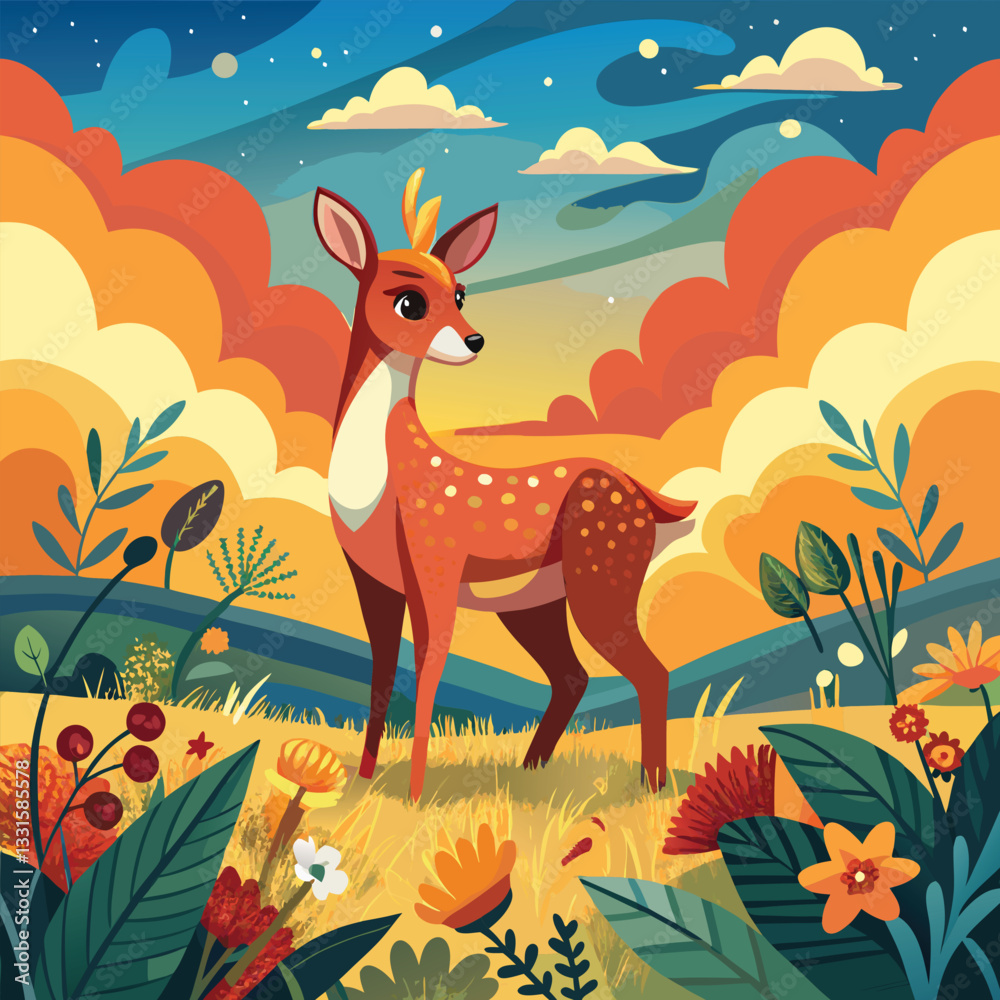 Beautiful vector illustration of a birch forest landscape with deer. Amazing forest with beautiful deer Background for design and print. Natural landscape. Beautiful vector illustration of a birch forest landscape with deer. Amazing forest with beautiful deer Background for design and print. Natural landscape.