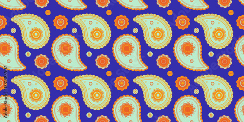Plant paisley, calm delicate. Wallpaper complexity of colors buta. Template colours ethnicity repetition.
