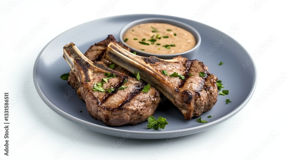 Grilled Lamb Chops with Herb Sauce on Gray Plate Grilled Lamb Chops with Herb Sauce on Gray Plate