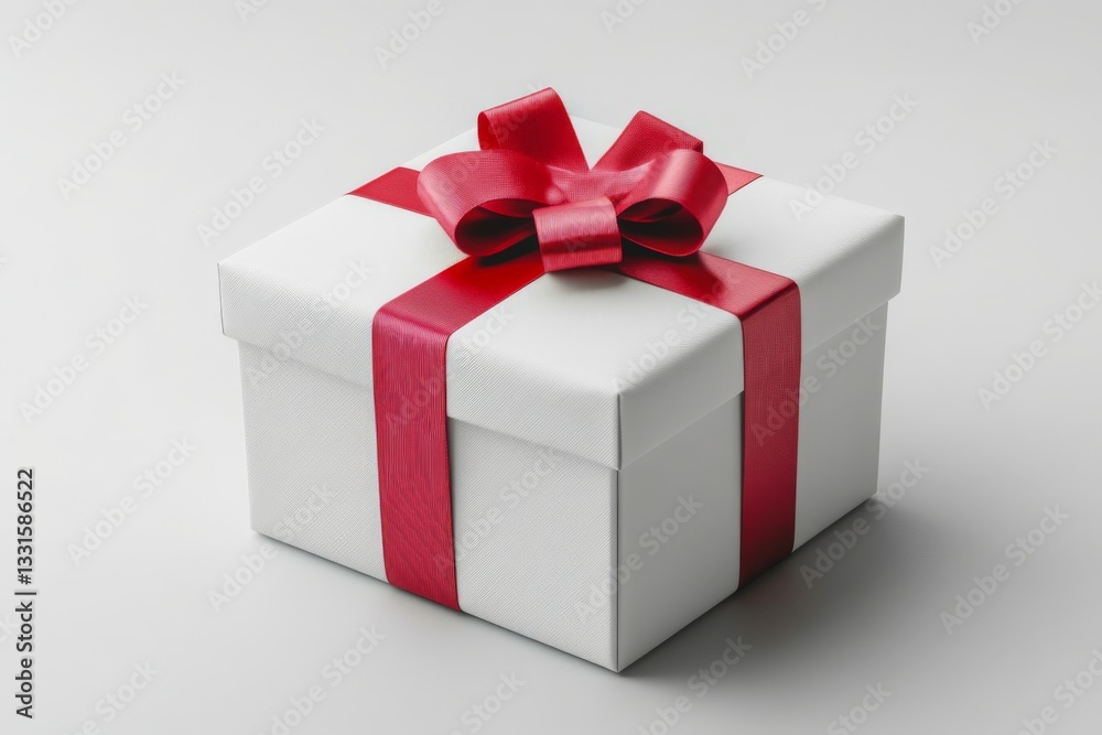 Fototapeta premium Wrapped gift box with red ribbon on a plain background awaiting to be opened