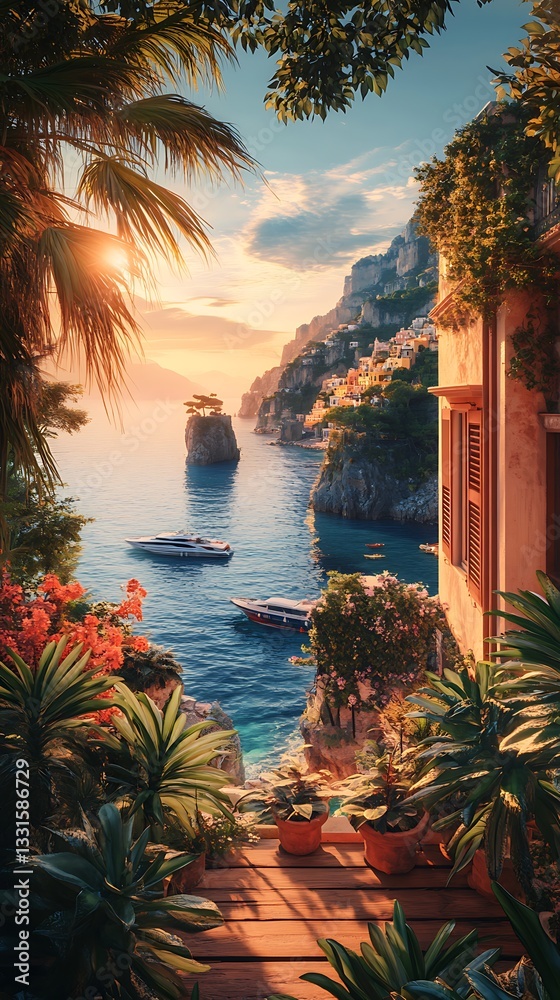 Fototapeta premium Coastal Italian view of yachts at sunset from a villa terrace for travel brochures
