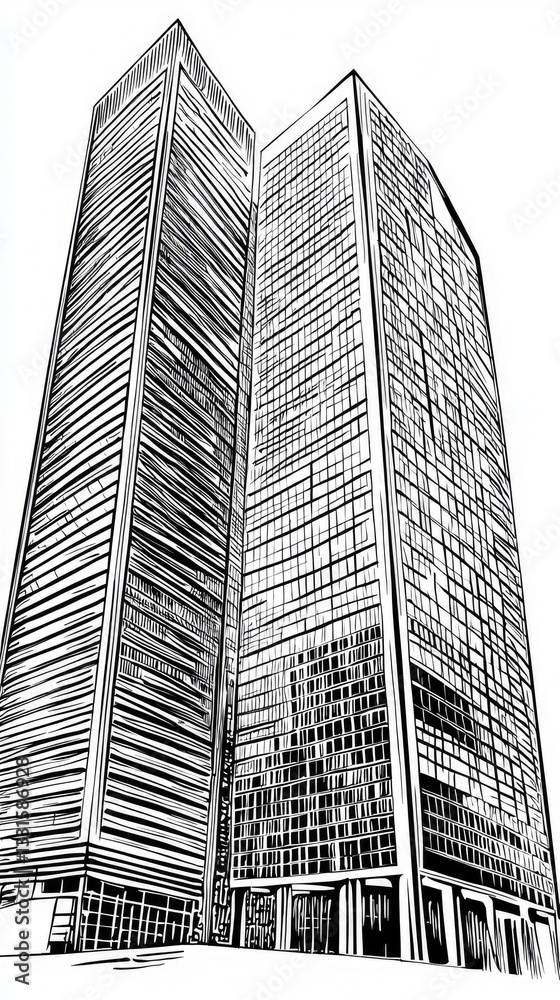 Fototapeta premium Urban sketch of modern skyscrapers, city view, architectural drawing