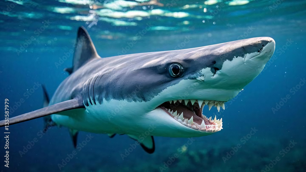 Obraz premium Close up shot of shark underwater with blurry background